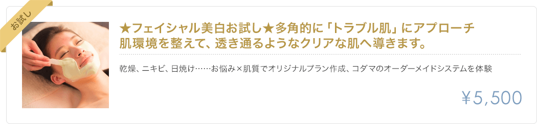 フェイシャル美白お試し、多角的に「トラブル肌」にアプローチ 5500円